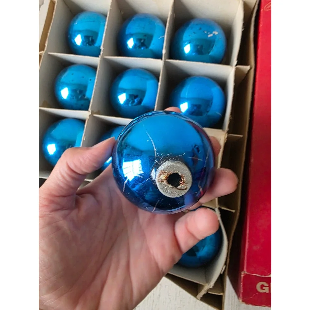 Vintage Frankie blue solid glass ornament set box Xmas tree
